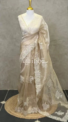 ORGANZA APPLIQUE EMBROIDERY SAREE - Beige