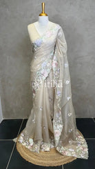 ORGANZA APPLIQUE EMBROIDERY SAREE - Beige