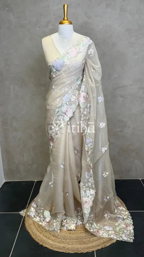 ORGANZA APPLIQUE EMBROIDERY SAREE - Beige