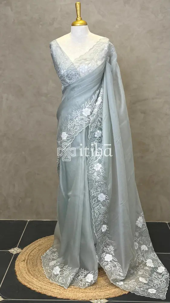 ORGANZA APPLIQUE EMBROIDERY SAREE - DUSTY BLUE