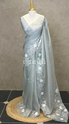 ORGANZA APPLIQUE EMBROIDERY SAREE - DUSTY BLUE
