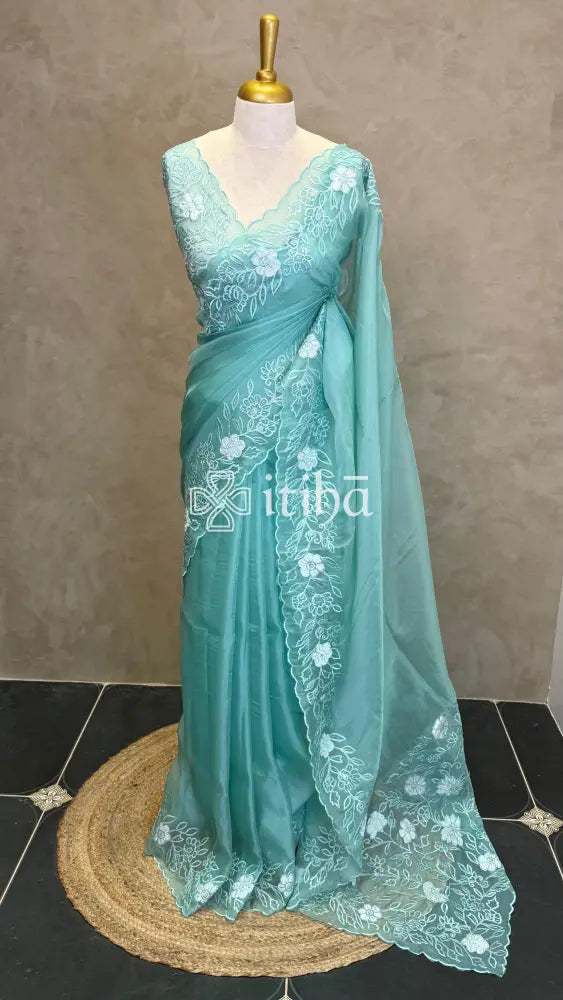 ORGANZA APPLIQUE EMBROIDERY SAREE - LIGHT BLUE