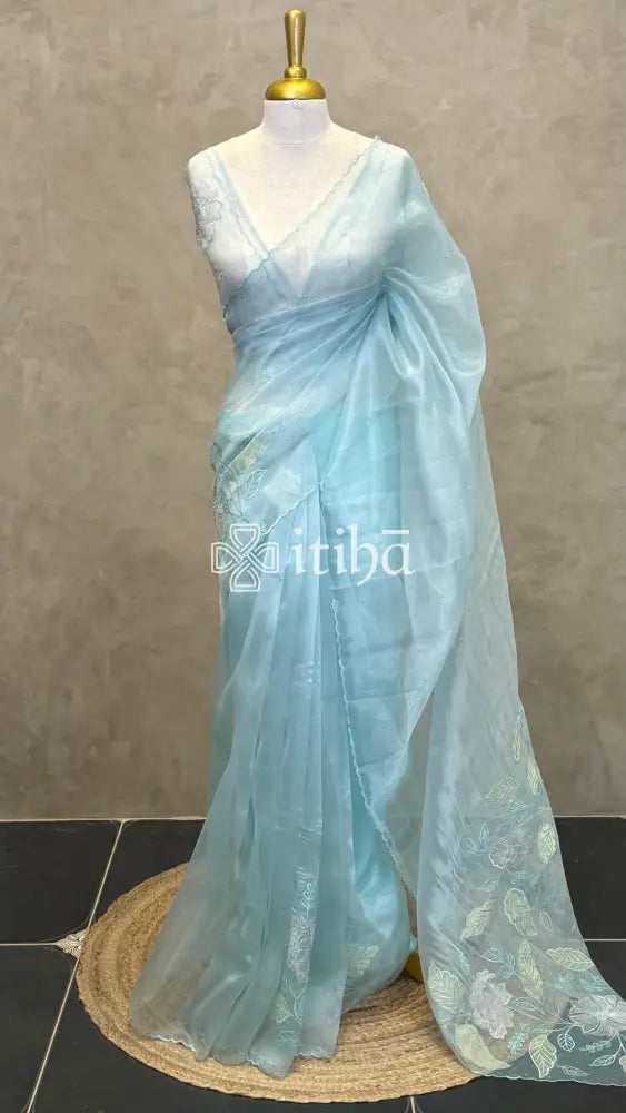 ORGANZA APPLIQUE EMBROIDERY SAREE - LIGHT BLUE