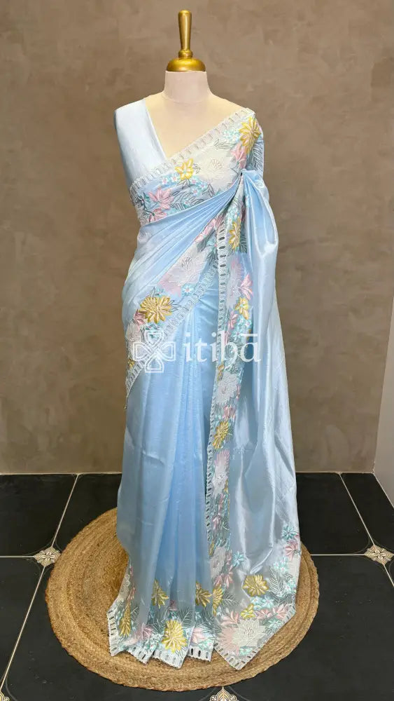 ORGANZA APPLIQUE EMBROIDERY SAREE - LIGHT BLUE