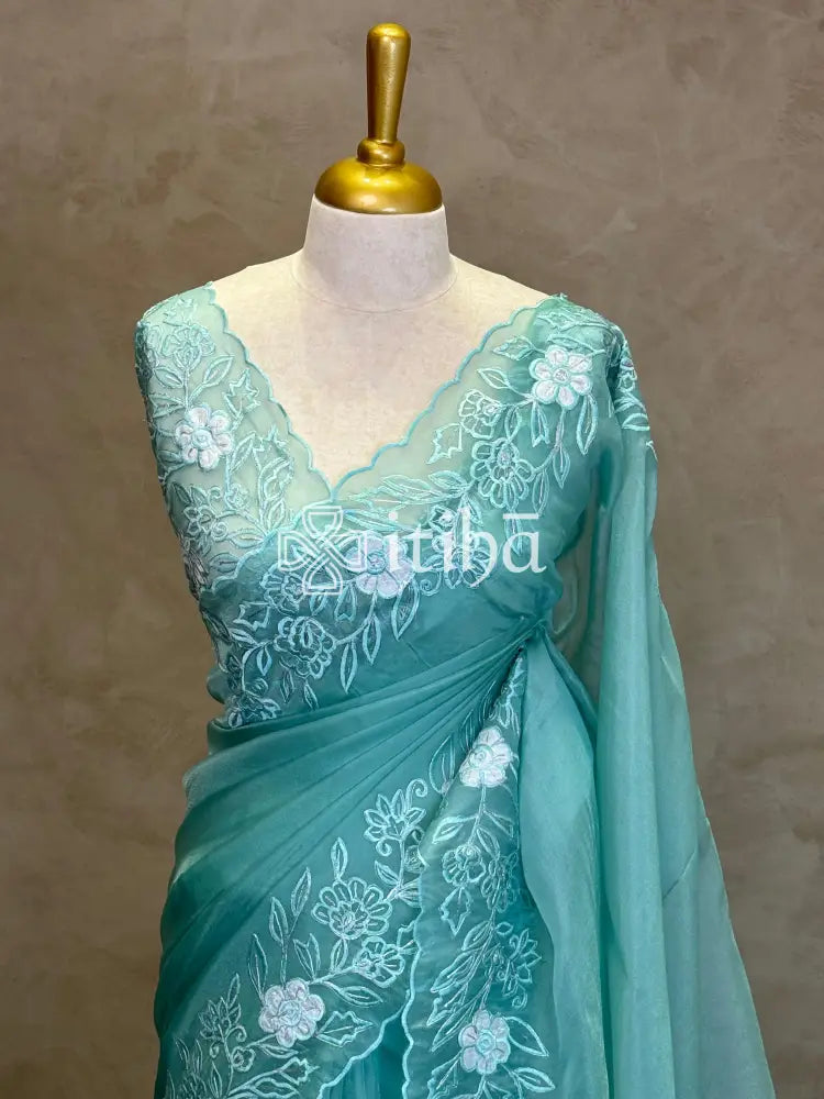 ORGANZA APPLIQUE EMBROIDERY SAREE - LIGHT BLUE