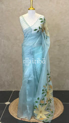ORGANZA APPLIQUE EMBROIDERY SAREE - LIGHT BLUE