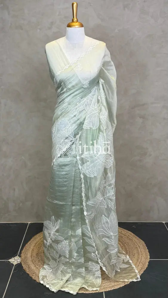 ORGANZA APPLIQUE EMBROIDERY SAREE - LIGHT GREEN