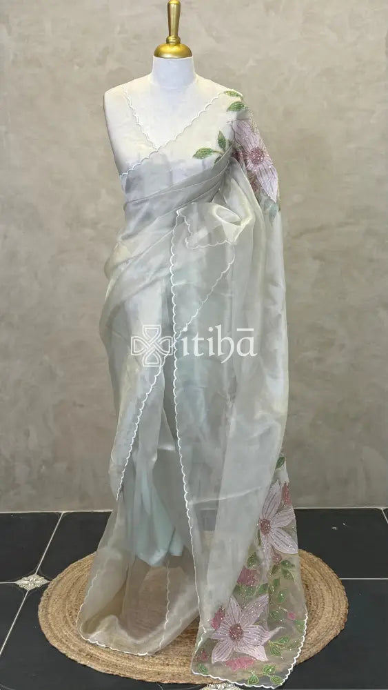 ORGANZA APPLIQUE EMBROIDERY SAREE - LIGHT GREY