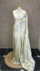 ORGANZA APPLIQUE EMBROIDERY SAREE - LIGHT YELLOW