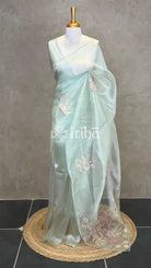 ORGANZA APPLIQUE EMBROIDERY SAREE - MINT GREEN