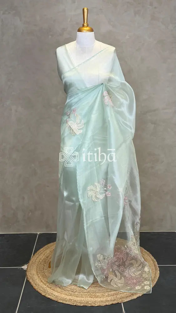 ORGANZA APPLIQUE EMBROIDERY SAREE - MINT GREEN