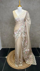 ORGANZA APPLIQUE EMBROIDERY SAREE - MUTED BEIGE