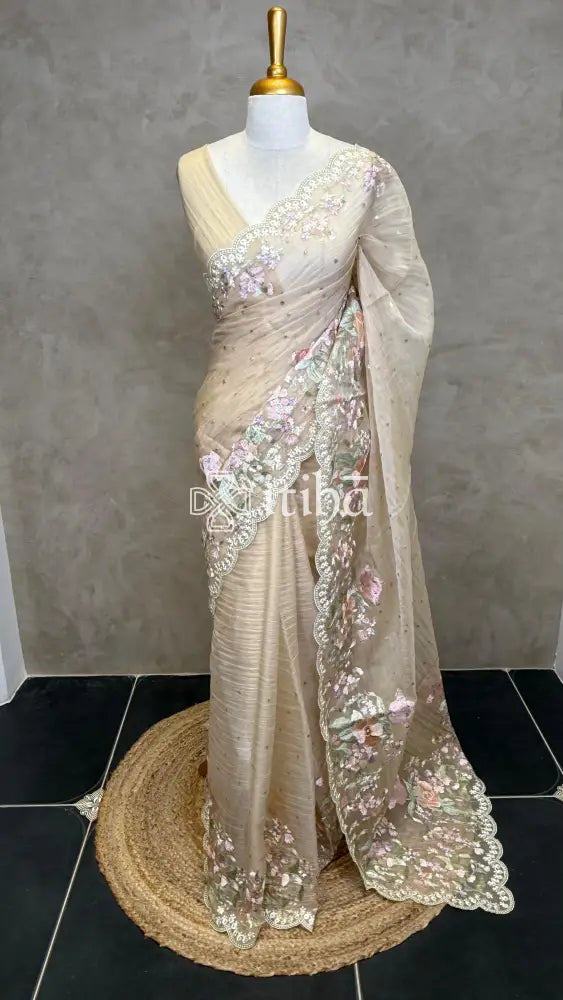 ORGANZA APPLIQUE EMBROIDERY SAREE - MUTED BEIGE