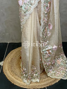 ORGANZA APPLIQUE EMBROIDERY SAREE - MUTED BEIGE