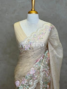 ORGANZA APPLIQUE EMBROIDERY SAREE - MUTED BEIGE