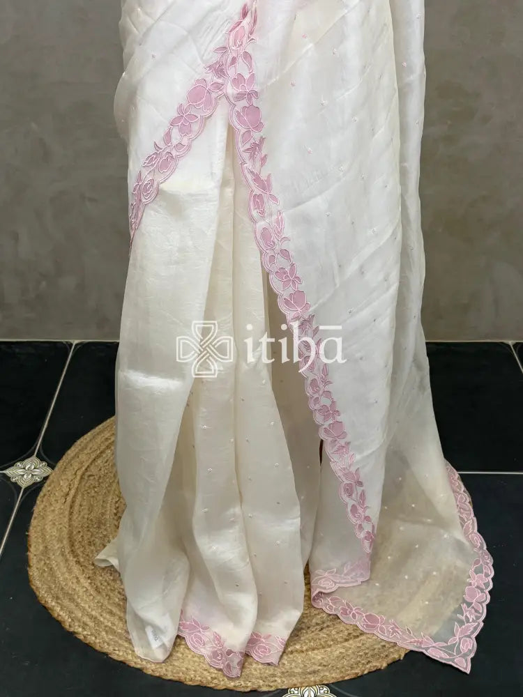ORGANZA APPLIQUE EMBROIDERY SAREE - OFF WHITE
