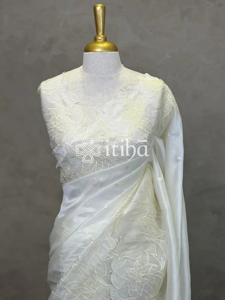 ORGANZA APPLIQUE EMBROIDERY SAREE - OFF WHITE