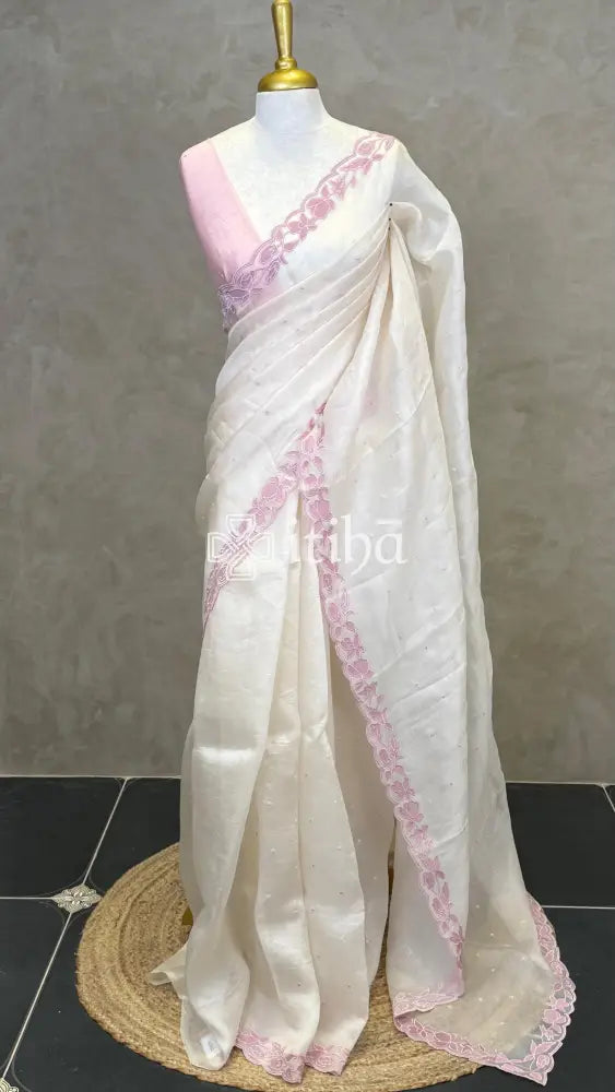ORGANZA APPLIQUE EMBROIDERY SAREE - OFF WHITE