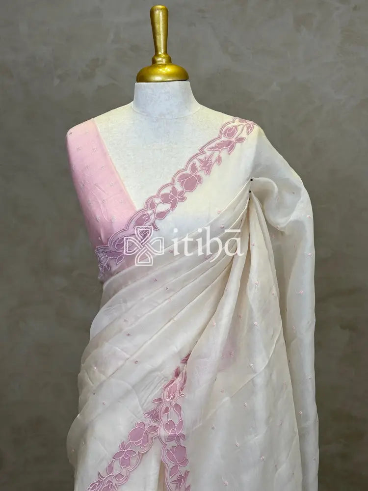 ORGANZA APPLIQUE EMBROIDERY SAREE - OFF WHITE