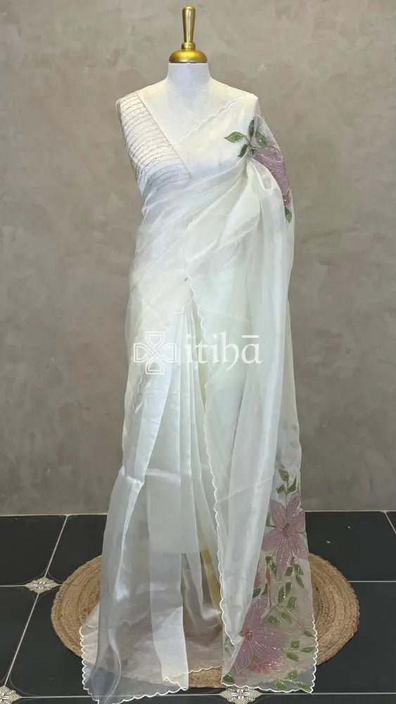 ORGANZA APPLIQUE EMBROIDERY SAREE - OFF WHITE