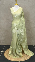 ORGANZA APPLIQUE EMBROIDERY SAREE - PASTEL GREEN