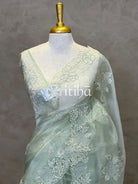 ORGANZA APPLIQUE EMBROIDERY SAREE - PASTEL PISTA GREEN