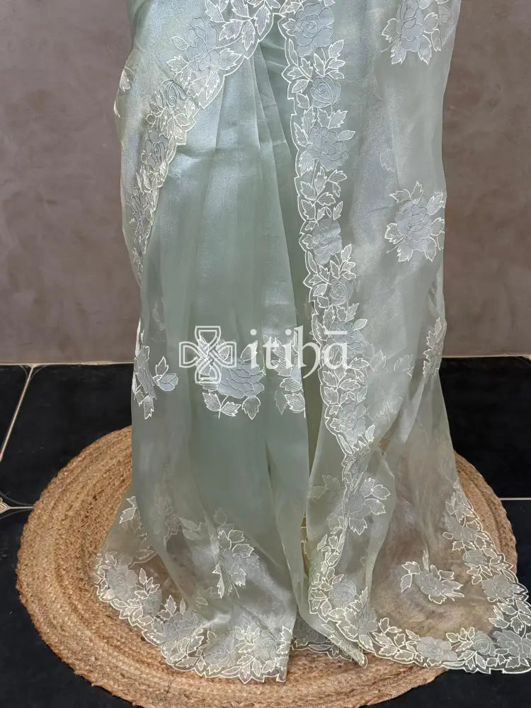 ORGANZA APPLIQUE EMBROIDERY SAREE - PASTEL PISTA GREEN