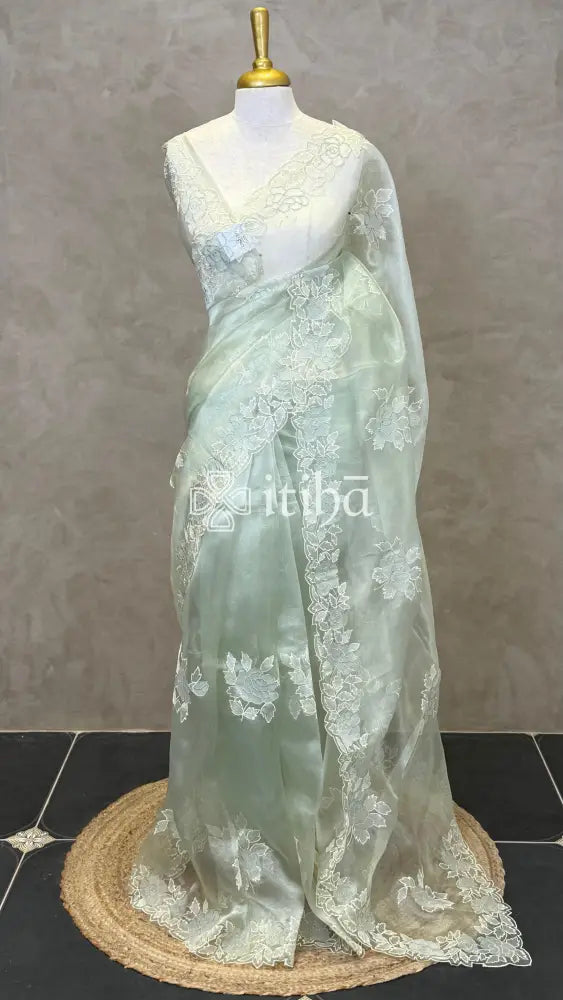 ORGANZA APPLIQUE EMBROIDERY SAREE - PASTEL PISTA GREEN