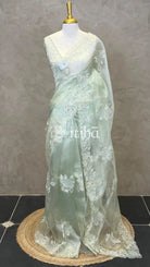 ORGANZA APPLIQUE EMBROIDERY SAREE - PASTEL PISTA GREEN
