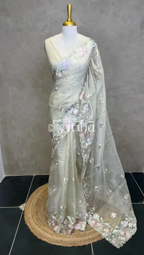 ORGANZA APPLIQUE EMBROIDERY SAREE - PASTEL PISTA GREEN