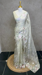 ORGANZA APPLIQUE EMBROIDERY SAREE - PASTEL PISTA GREEN