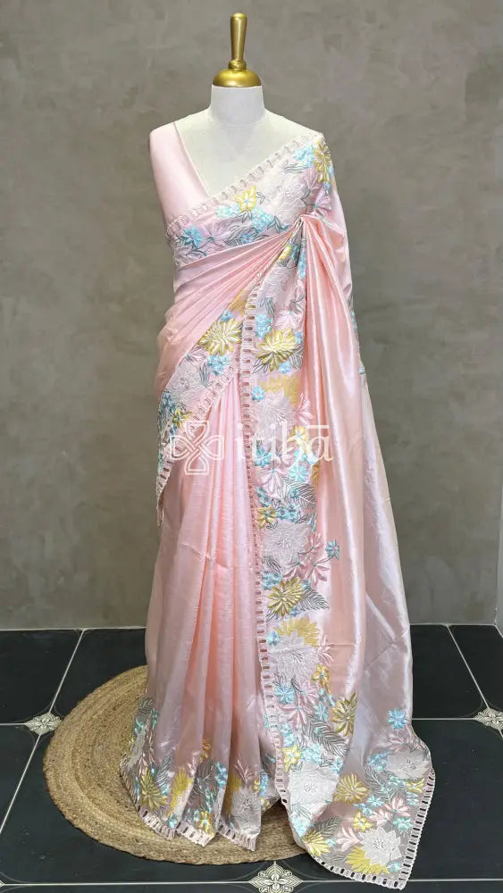 ORGANZA APPLIQUE EMBROIDERY SAREE - PEACH