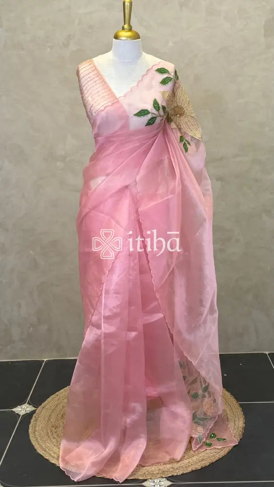 ORGANZA APPLIQUE EMBROIDERY SAREE - Pink