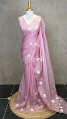 ORGANZA APPLIQUE EMBROIDERY SAREE - Pink
