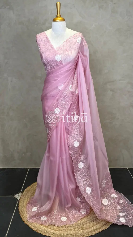 ORGANZA APPLIQUE EMBROIDERY SAREE - Pink