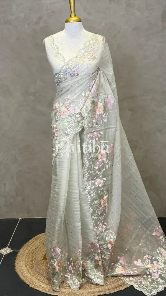 ORGANZA APPLIQUE EMBROIDERY SAREE - PISTA GREEN