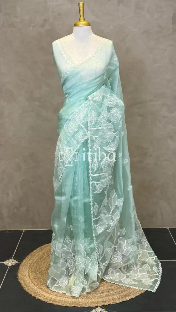 ORGANZA APPLIQUE EMBROIDERY SAREE - SAGE MINT