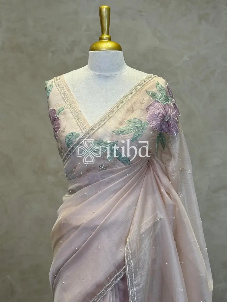 ORGANZA APPLIQUE HANDWORK EMBROIDERY SAREE