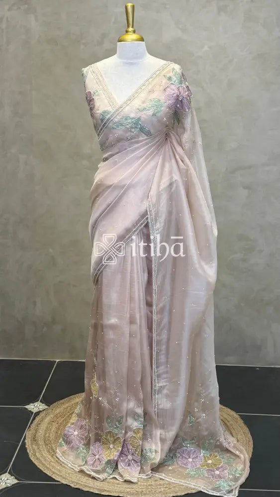 ORGANZA APPLIQUE HANDWORK EMBROIDERY SAREE - CHAMPAGNE BEIGE