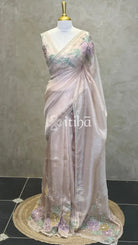 ORGANZA APPLIQUE HANDWORK EMBROIDERY SAREE - CHAMPAGNE BEIGE