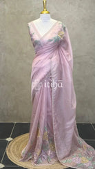 ORGANZA APPLIQUE HANDWORK EMBROIDERY SAREE - LIGHT PINK