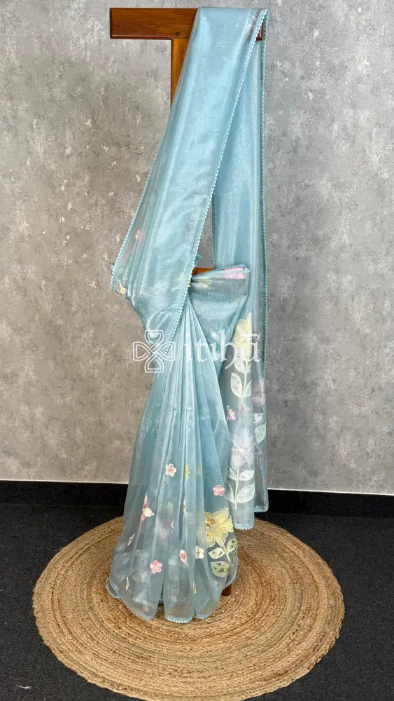 ORGANZA APPLIQUE SAREE - light blue