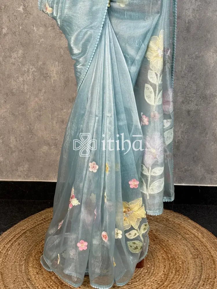 ORGANZA APPLIQUE SAREE - light blue
