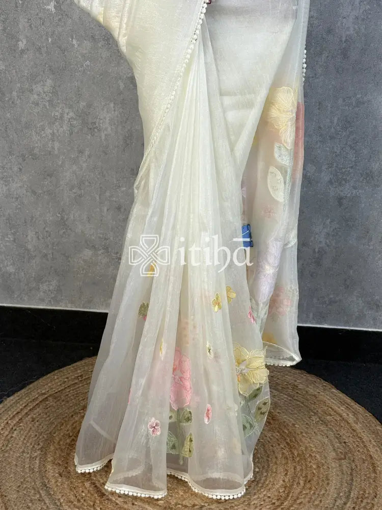 ORGANZA APPLIQUE SAREE - OFF WHITE