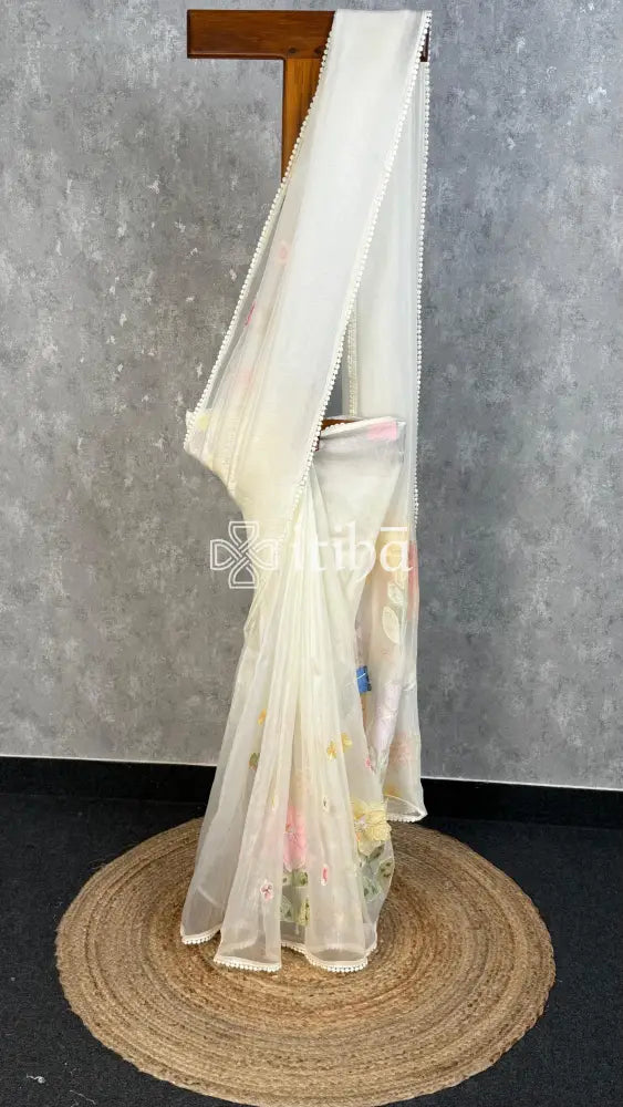 ORGANZA APPLIQUE SAREE - OFF WHITE