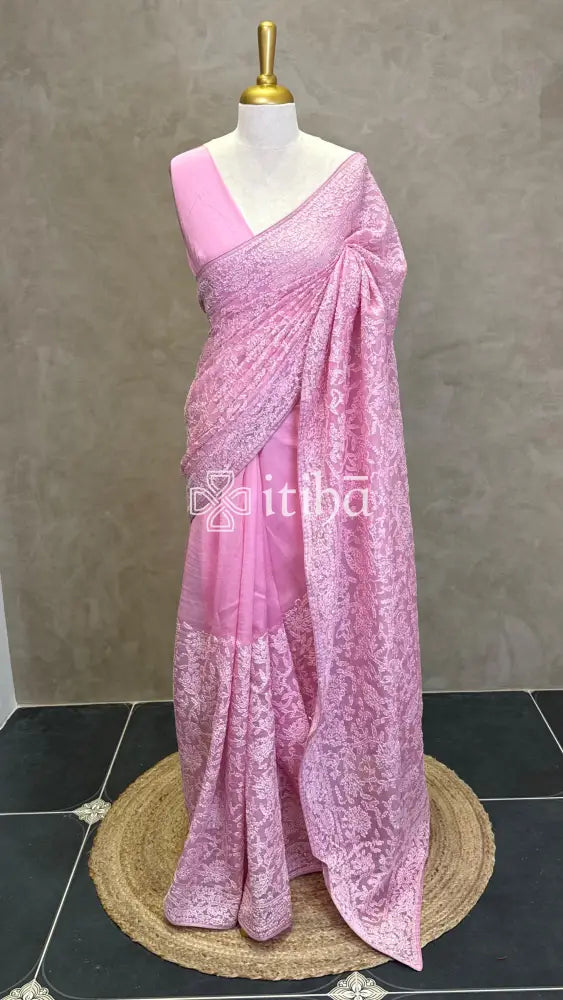 ORGANZA CHIKANKARI EMBROIDERY SAREE