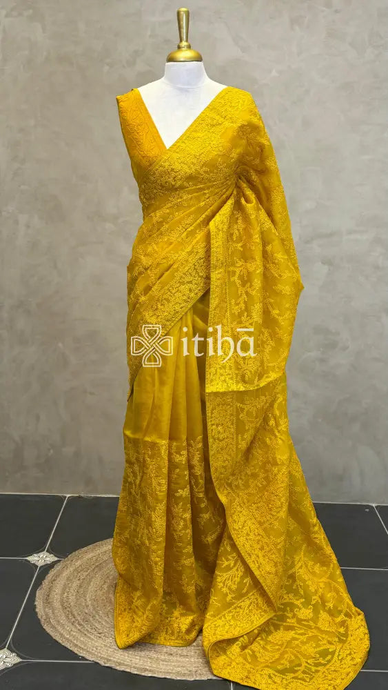 ORGANZA CHIKANKARI SAREE - mustard yellow