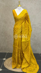 ORGANZA CHIKANKARI SAREE - mustard yellow