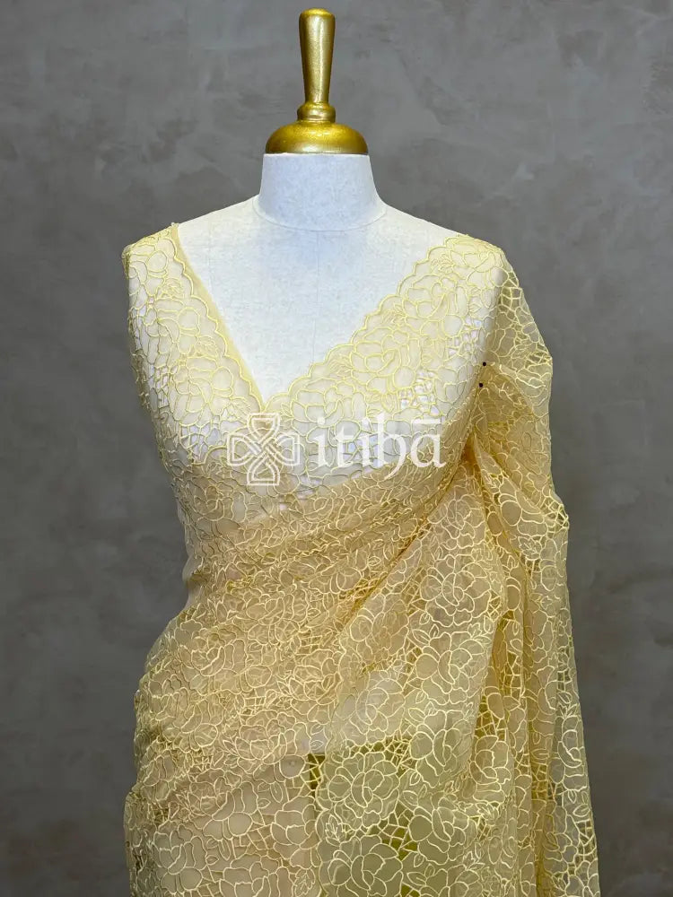ORGANZA CUT WORK EMBROIDERY DESIGNER SAREE - Yellow