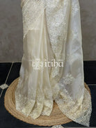 ORGANZA CUT WORK EMBROIDERY DESIGNER SAREE - LIGHT BEIGE